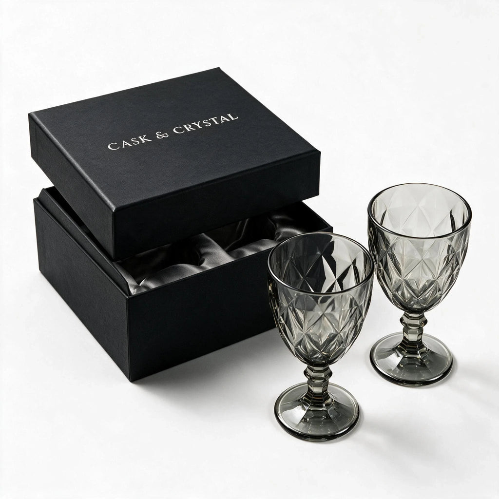 Nocturne black cocktail glass with diamond cut facets and a short stem