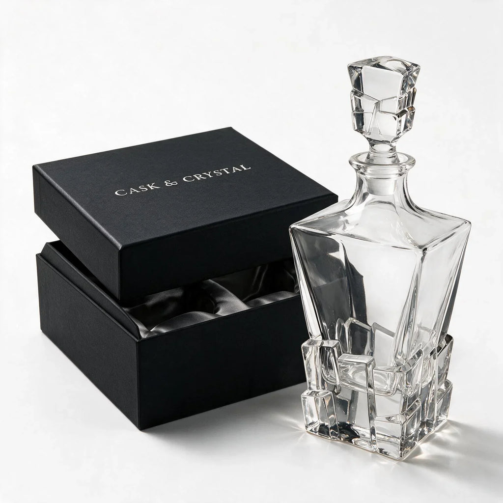 Vanguard clear glass whisky decanter with a bold geometric base and matching stopper