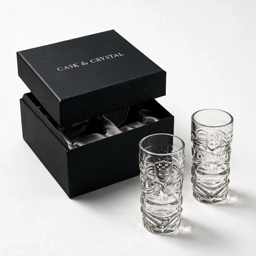 Kahuna clear tiki glass featuring a deeply sculpted tropical face design