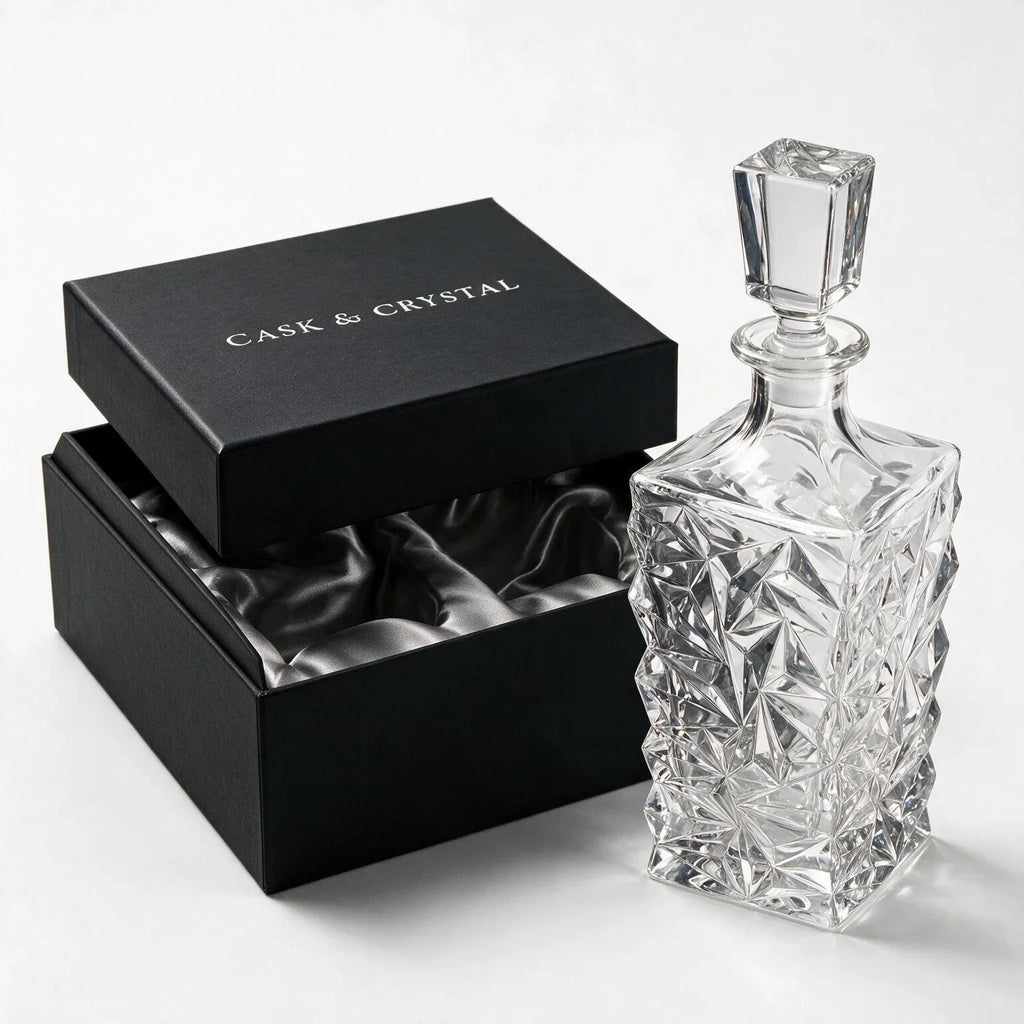 Westmoor clear whisky decanter with diamond cut facets and a square base