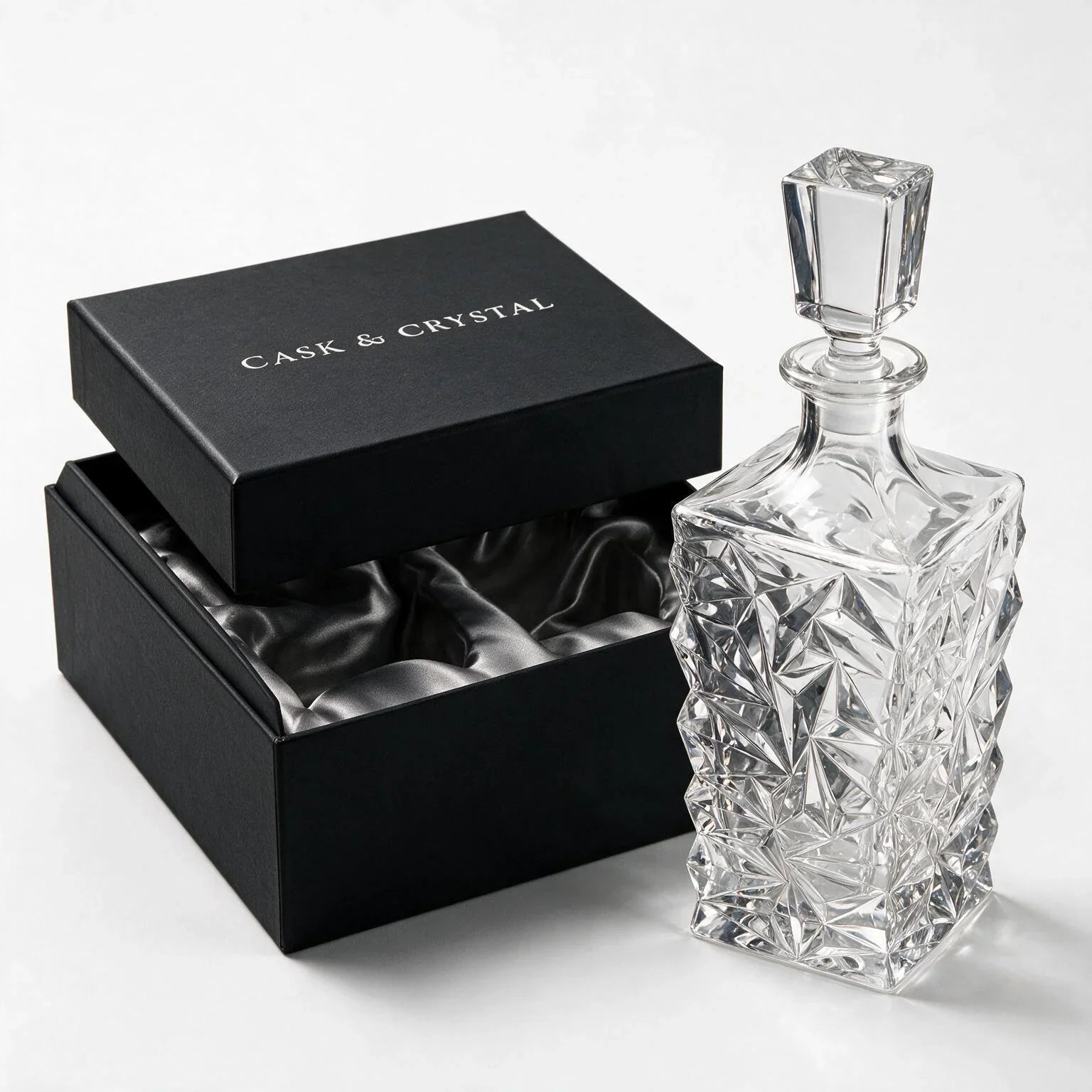 Westmoor clear whisky decanter with diamond cut facets and a square base