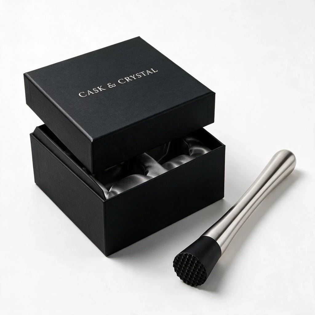 Remi stainless steel cocktail muddler with a black textured head