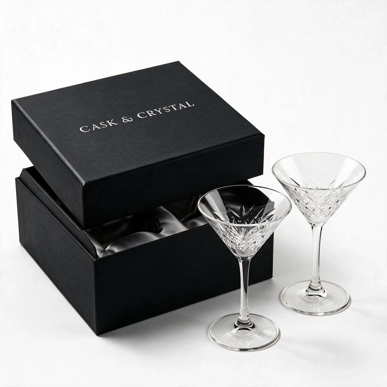 Caspian classic martini glass featuring an intricate geometric cut pattern and long stem 6
