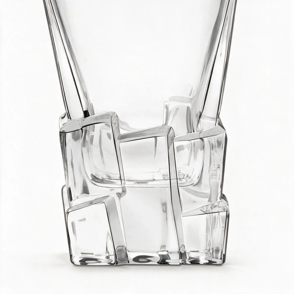 Vanguard clear glass whisky decanter with a bold geometric base and matching stopper