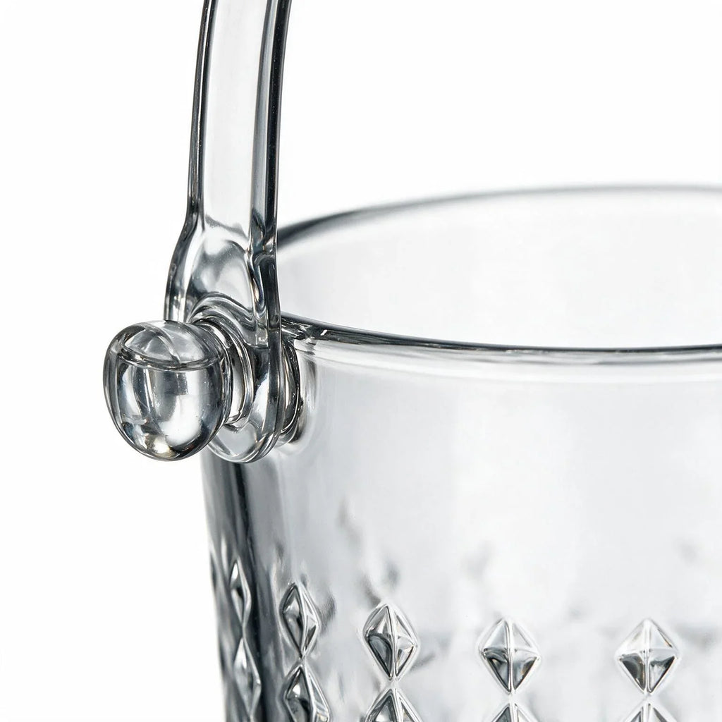 Valen clear glass ice bucket with diamond cut facets and a metal handle