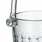 Valen clear glass ice bucket with diamond cut facets and a metal handle