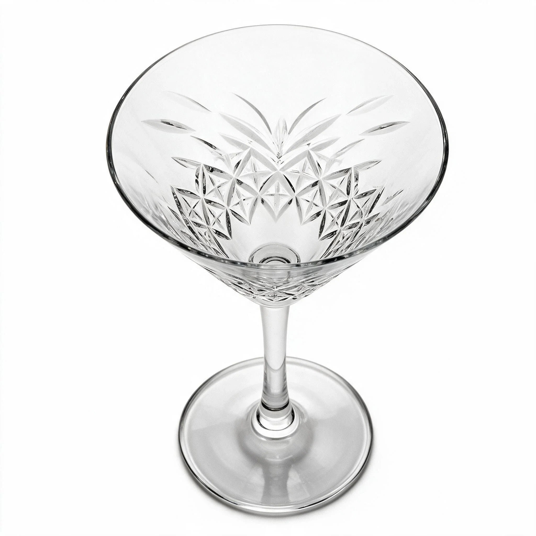 Caspian classic martini glass featuring an intricate geometric cut pattern and long stem 4