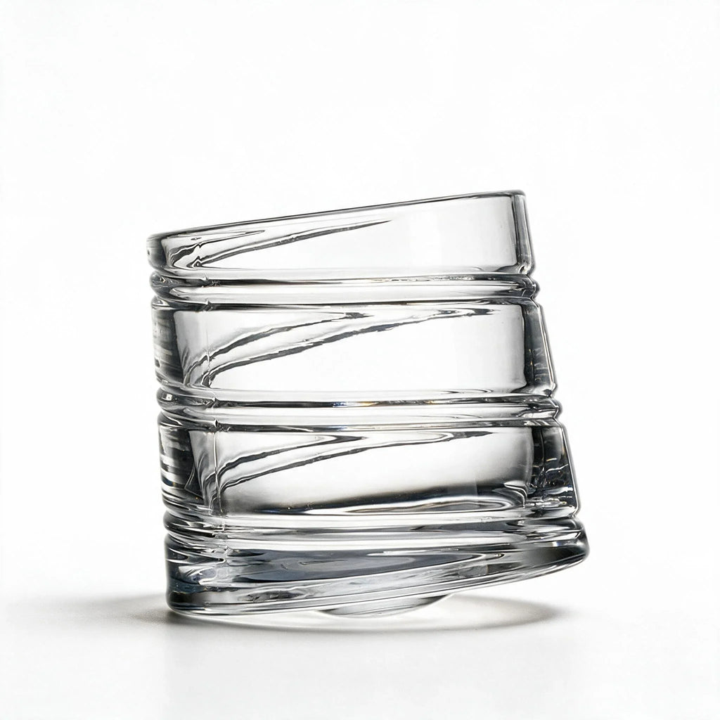 Helix clear whisky glass with a slanted rim and sweeping textured design
