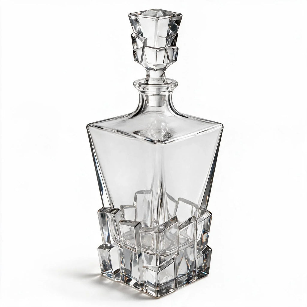 Vanguard clear glass whisky decanter with a bold geometric base and matching stopper