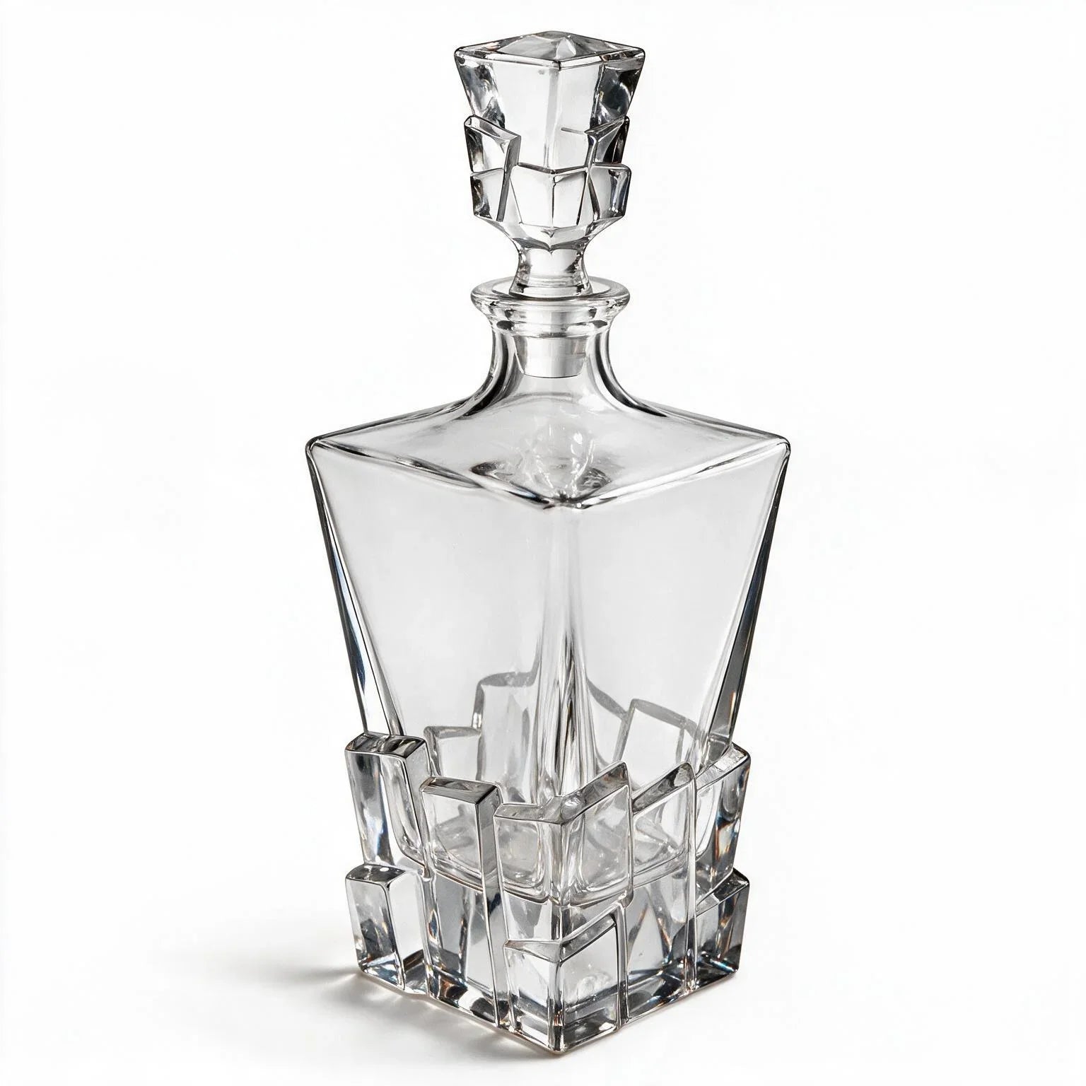 Vanguard clear glass whisky decanter with a bold geometric base and matching stopper