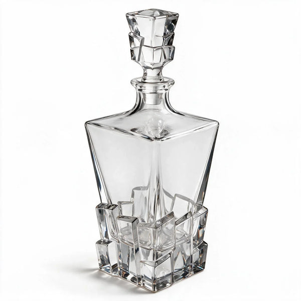 Vanguard clear glass whisky decanter with a bold geometric base and matching stopper