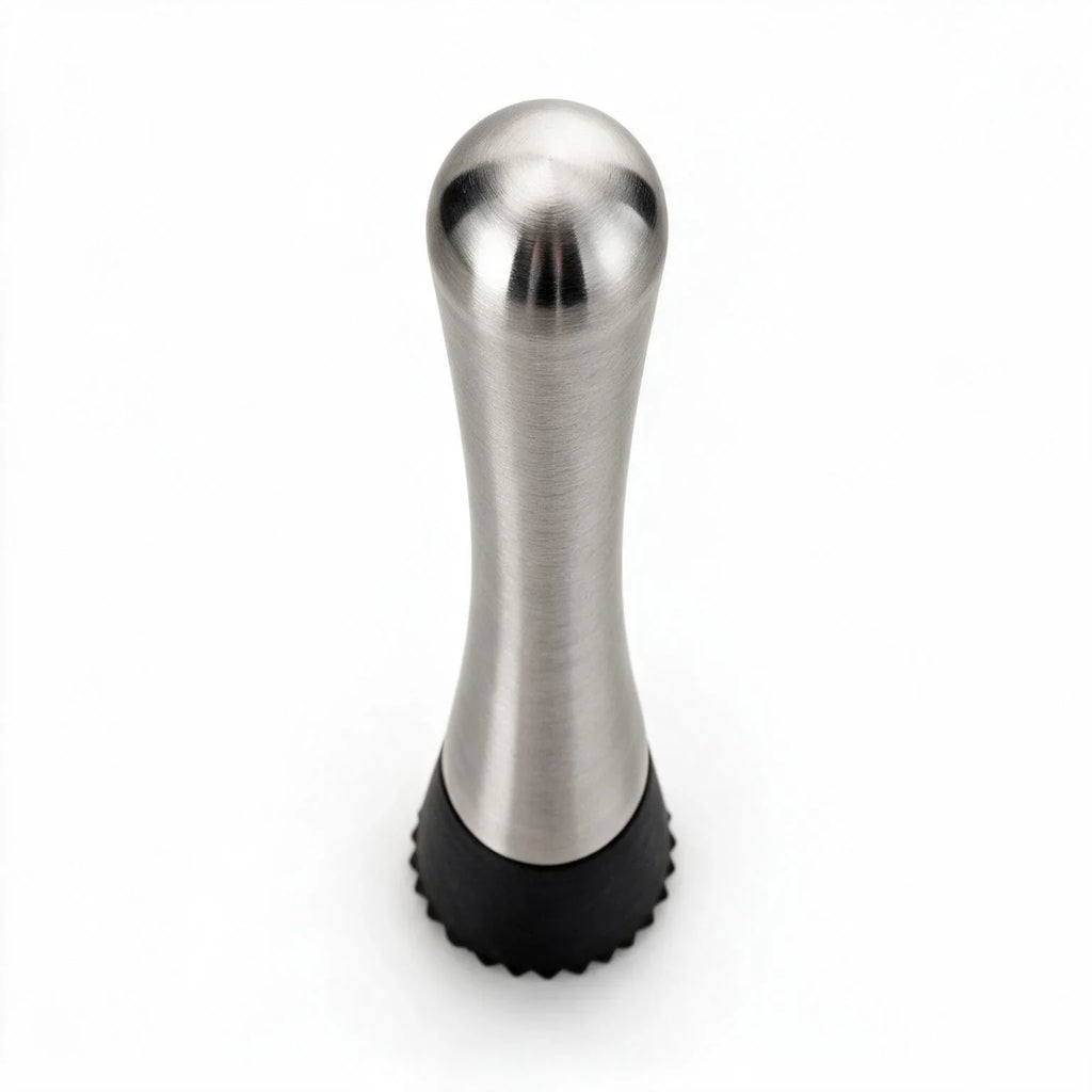 Remi stainless steel cocktail muddler with a black textured head