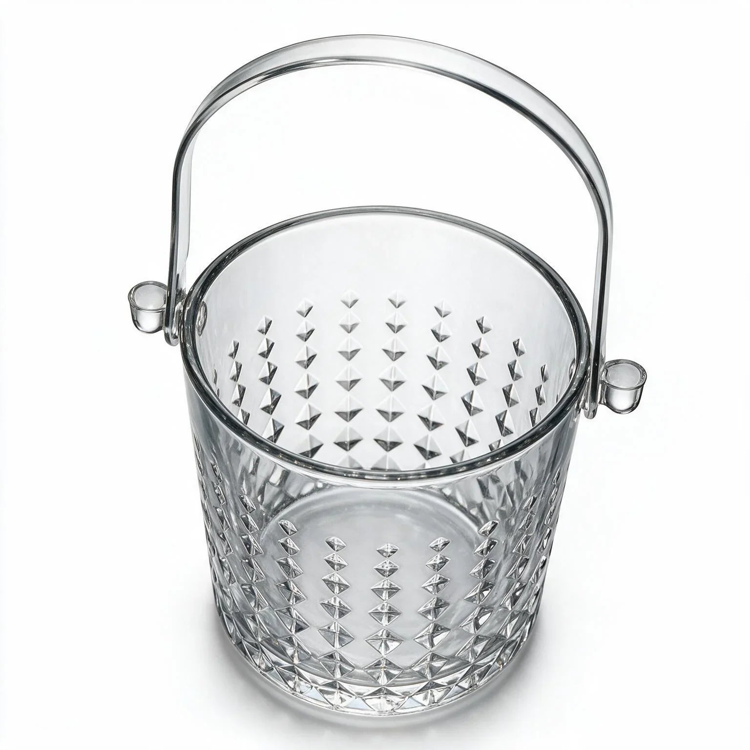 Valen clear glass ice bucket with diamond cut facets and a metal handle