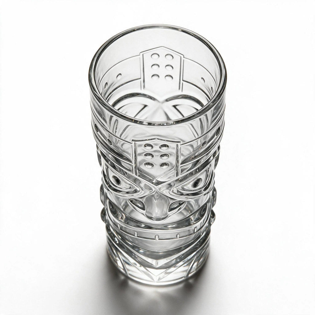 Kahuna clear tiki glass featuring a deeply sculpted tropical face design 2
