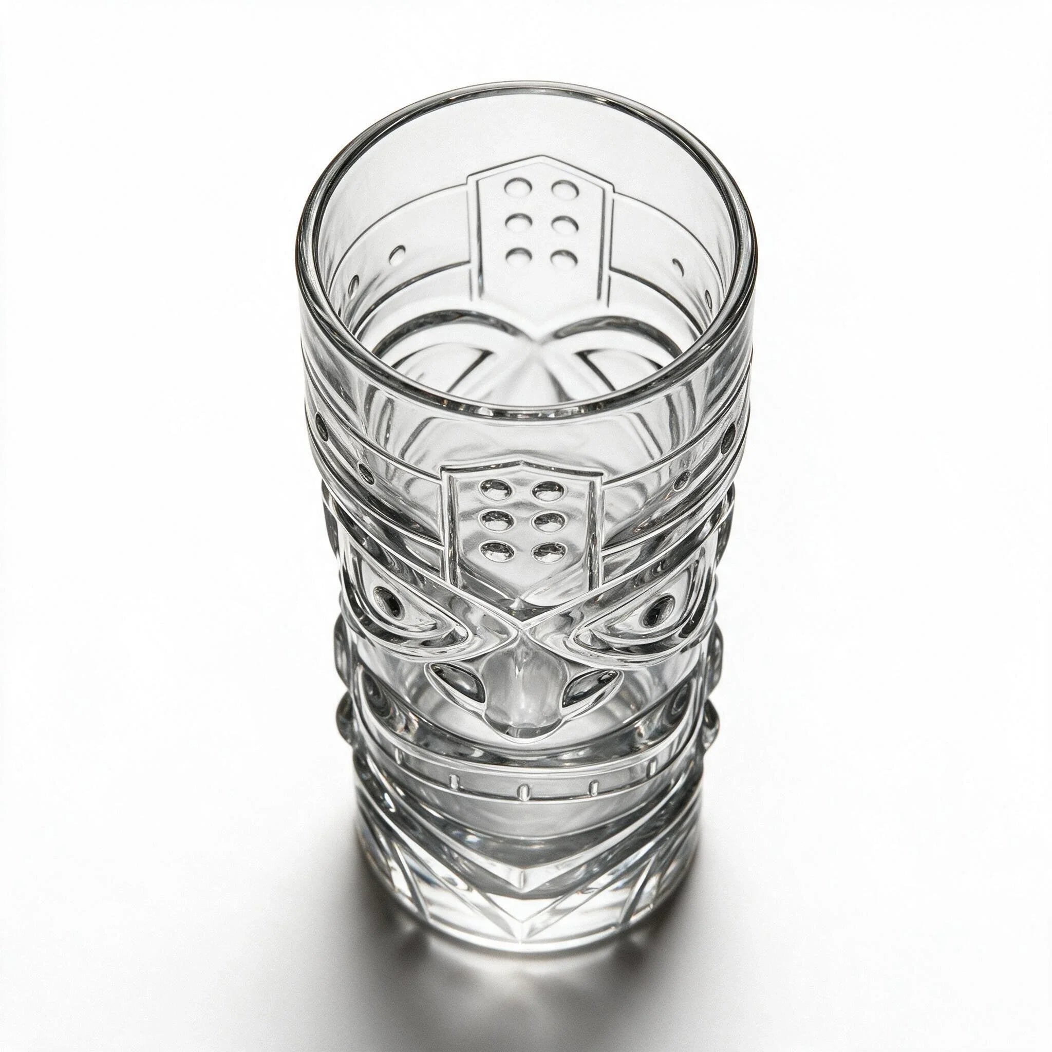 Kahuna clear tiki glass featuring a deeply sculpted tropical face design 2