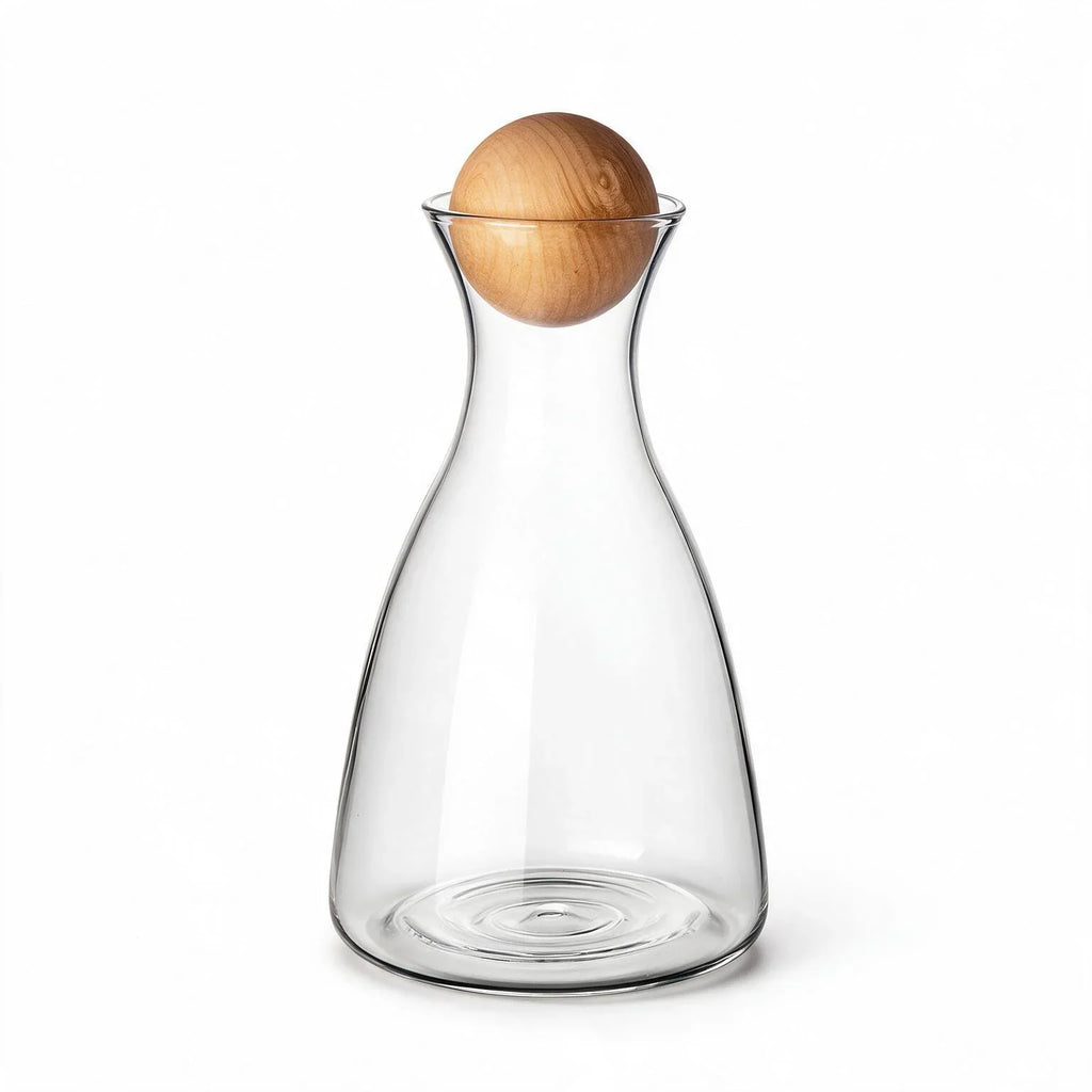 Orla clear glass decanter with a spherical wooden stopper