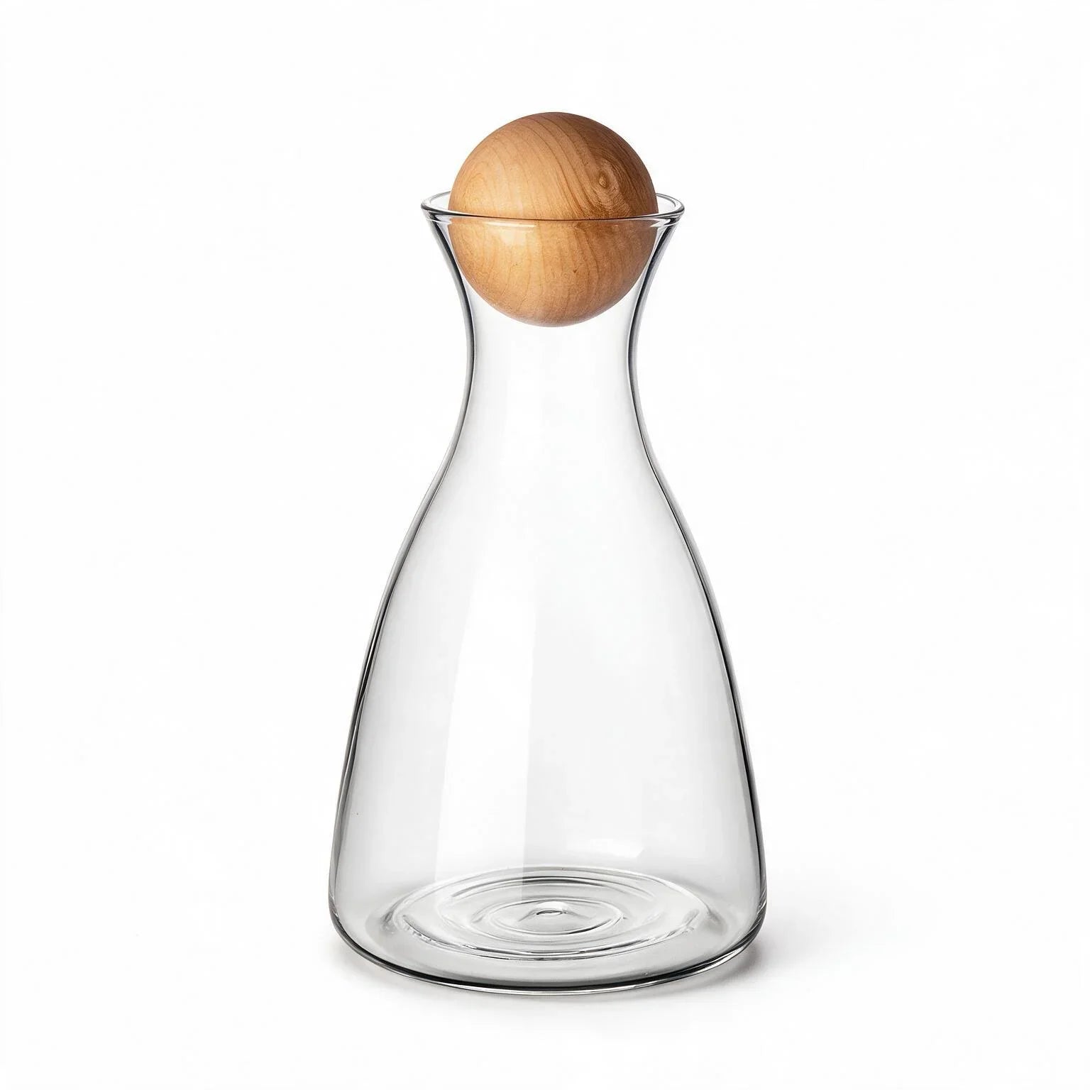 Orla clear glass decanter with a spherical wooden stopper