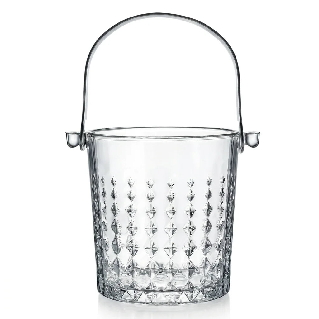 Valen clear glass ice bucket with diamond cut facets and a metal handle