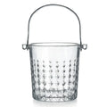 Valen clear glass ice bucket with diamond cut facets and a metal handle