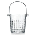 Valen clear glass ice bucket with diamond cut facets and a metal handle