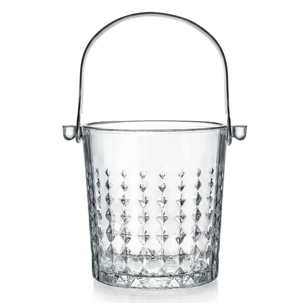 Valen clear glass ice bucket with diamond cut facets and a metal handle