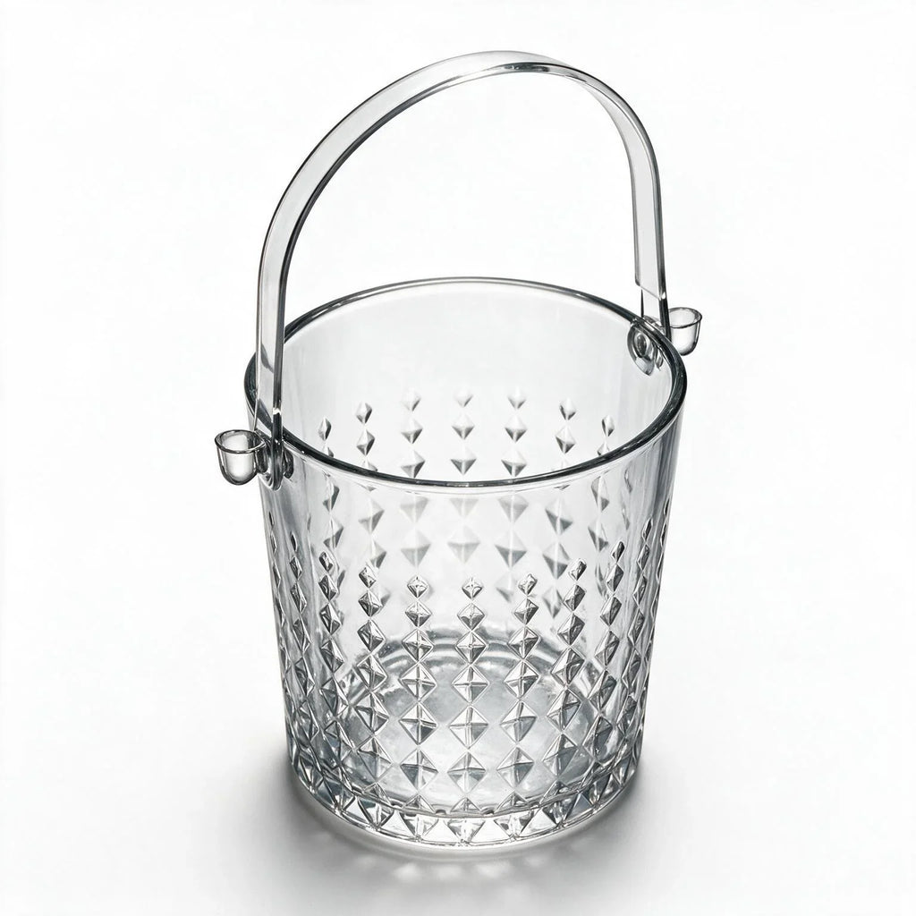 Valen clear glass ice bucket with diamond cut facets and a metal handle
