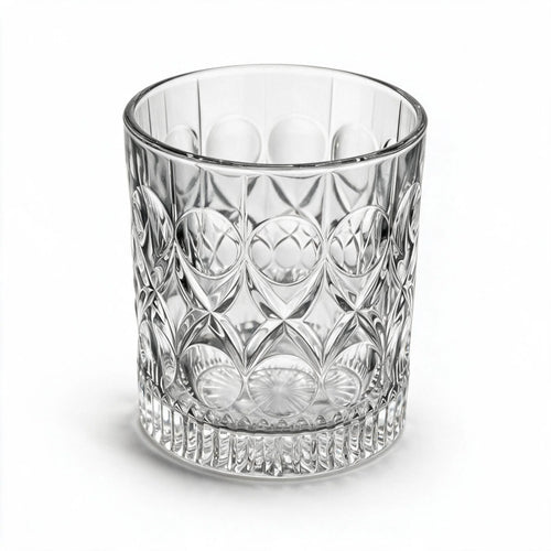 Cadence classic whiskey glass featuring a heavily textured geometric pattern and flat base 2
