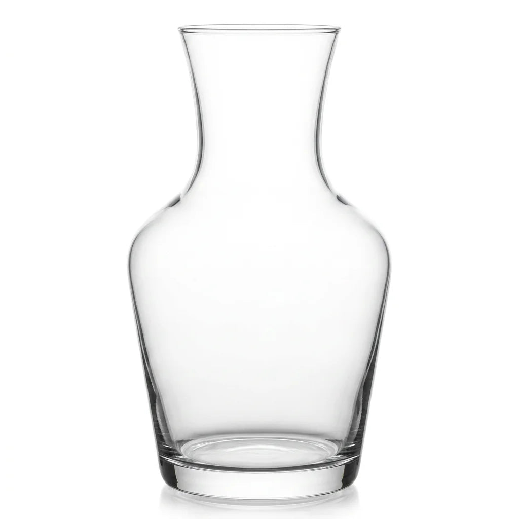 Luna clear glass carafe with a clean silhouette and flared neck