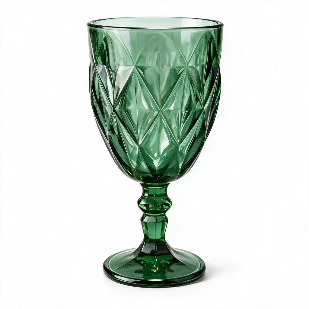 Sylvan green cocktail glass with diamond cut facets and a short stem