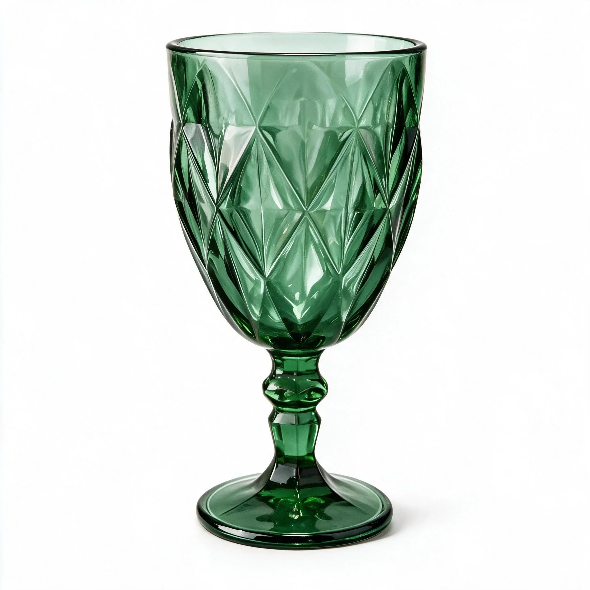 Sylvan green cocktail glass with diamond cut facets and a short stem