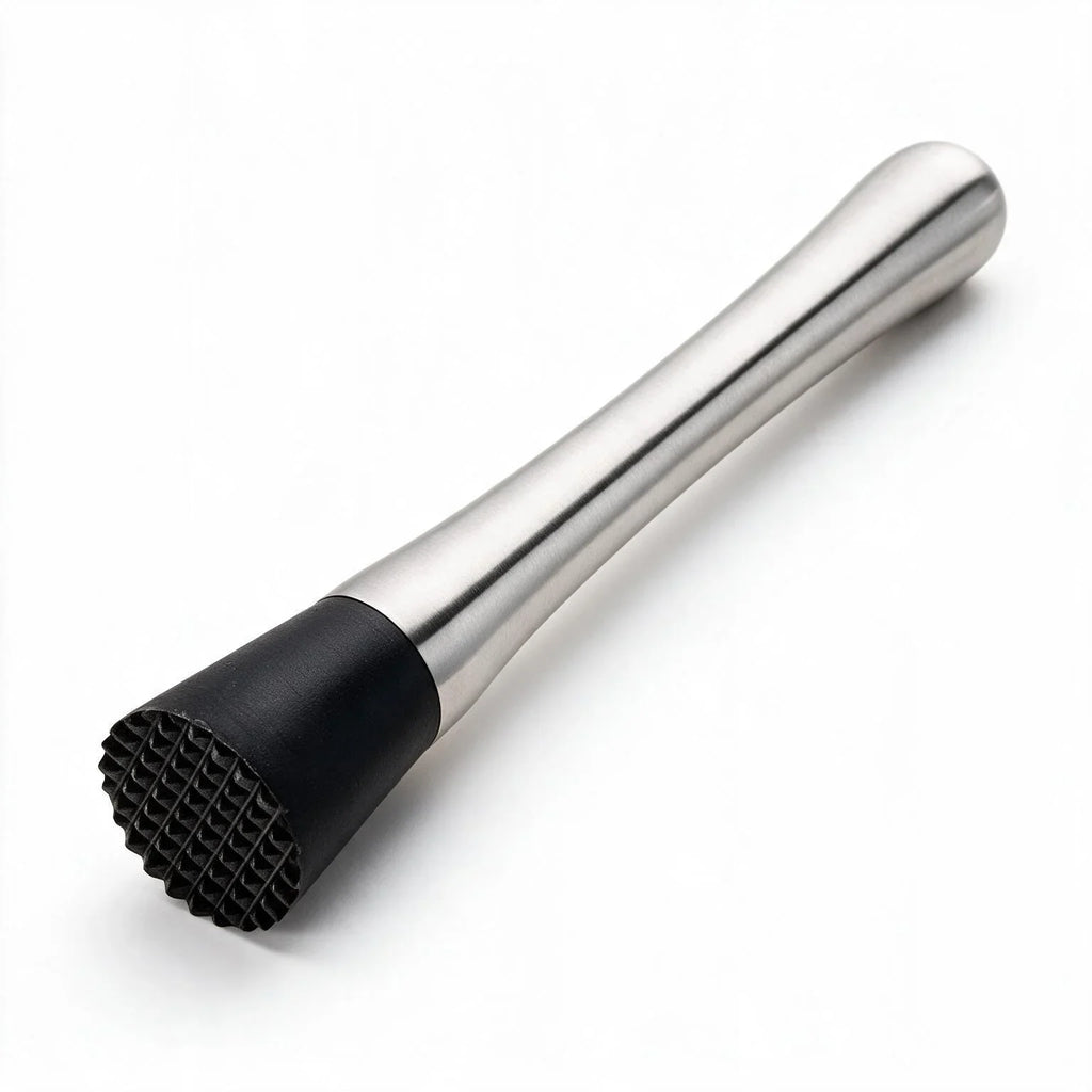 Remi stainless steel cocktail muddler with a black textured head
