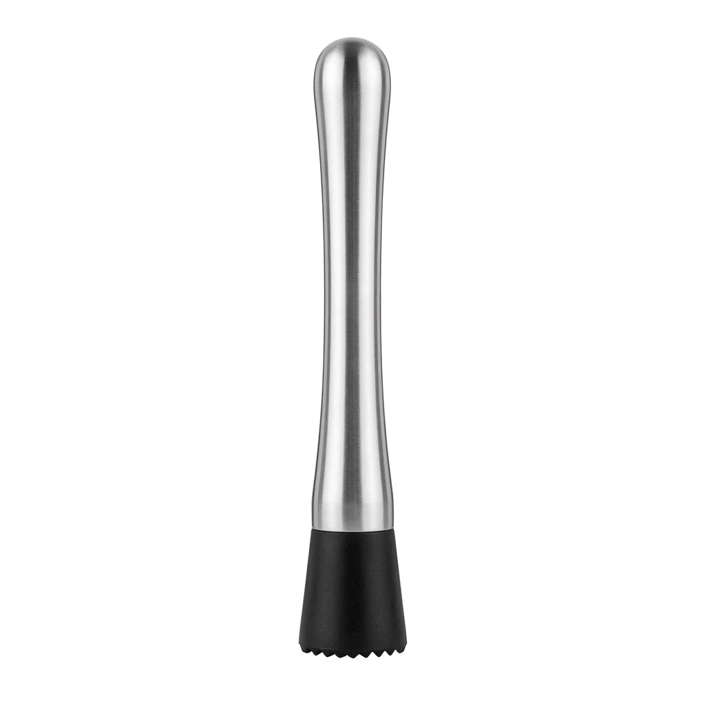 Remi stainless steel cocktail muddler with a black textured head