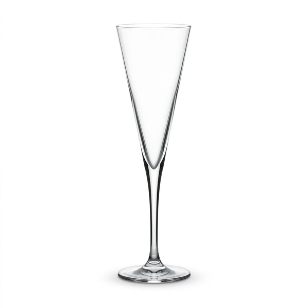 Vantage elegant champagne flute featuring a deep V-shaped conical bowl and long stem