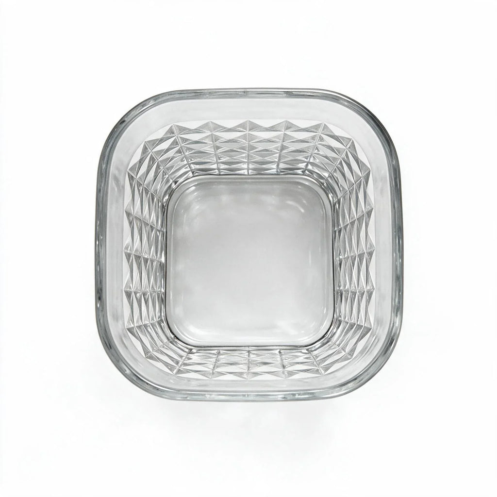 Astor clear whisky glass with diamond cut facets and a square base