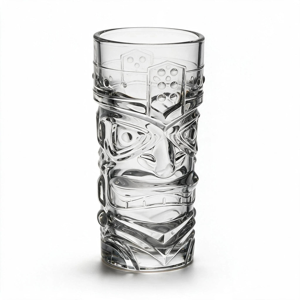 Kahuna clear tiki glass featuring a deeply sculpted tropical face design