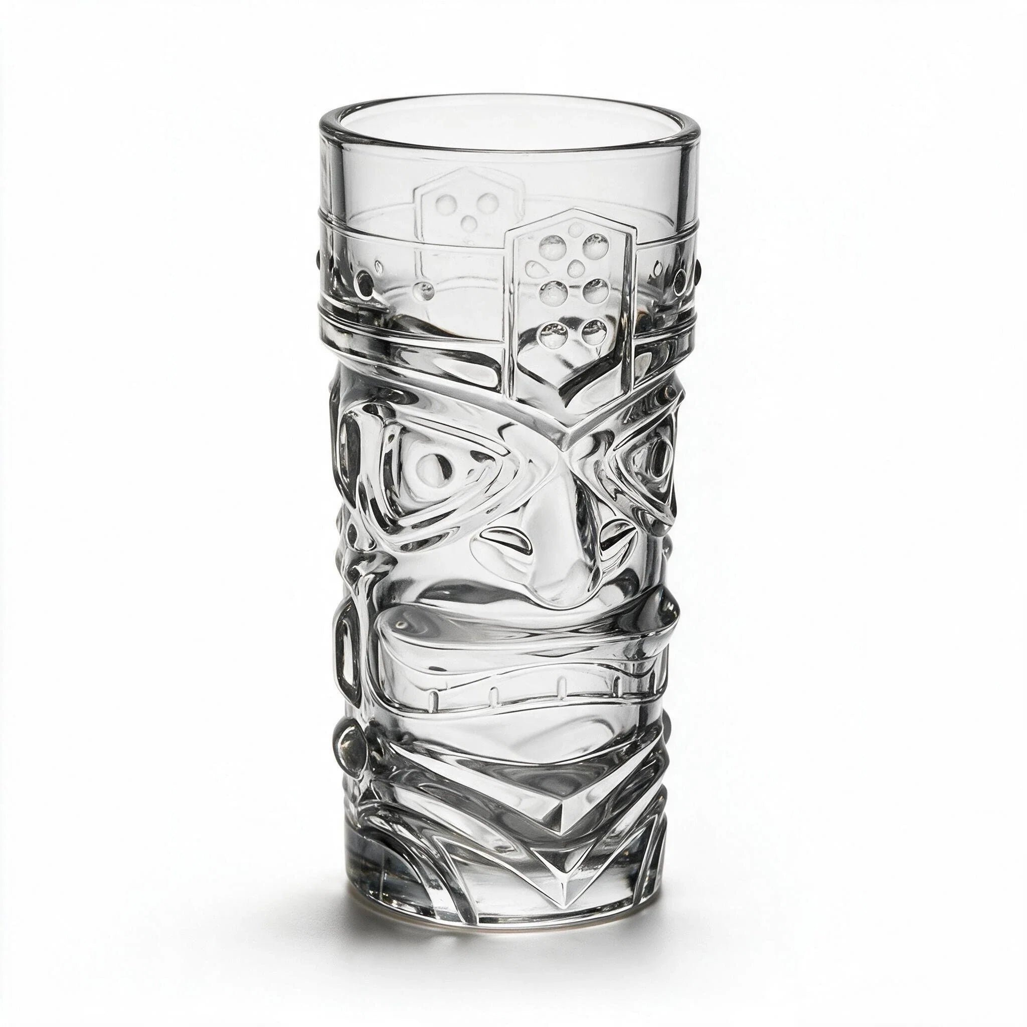 Kahuna clear tiki glass featuring a deeply sculpted tropical face design