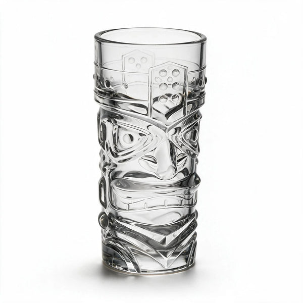 Kahuna clear tiki glass featuring a deeply sculpted tropical face design