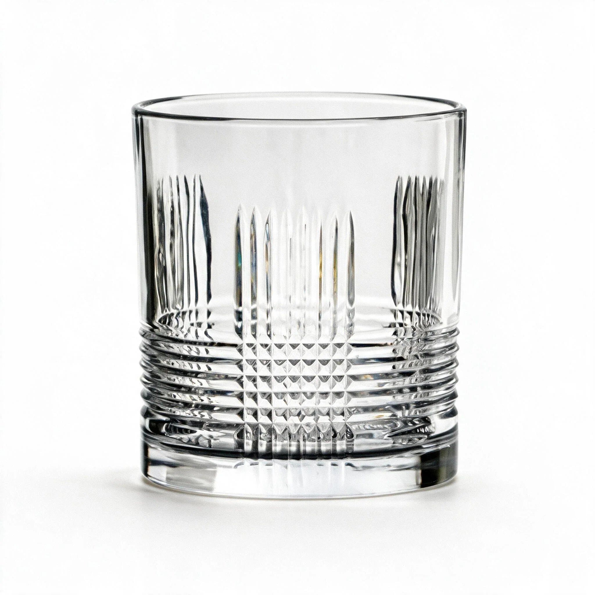 Knox classic whisky glass featuring sharp linear cuts and a flat base