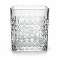 Astor clear whisky glass with diamond cut facets and a square base