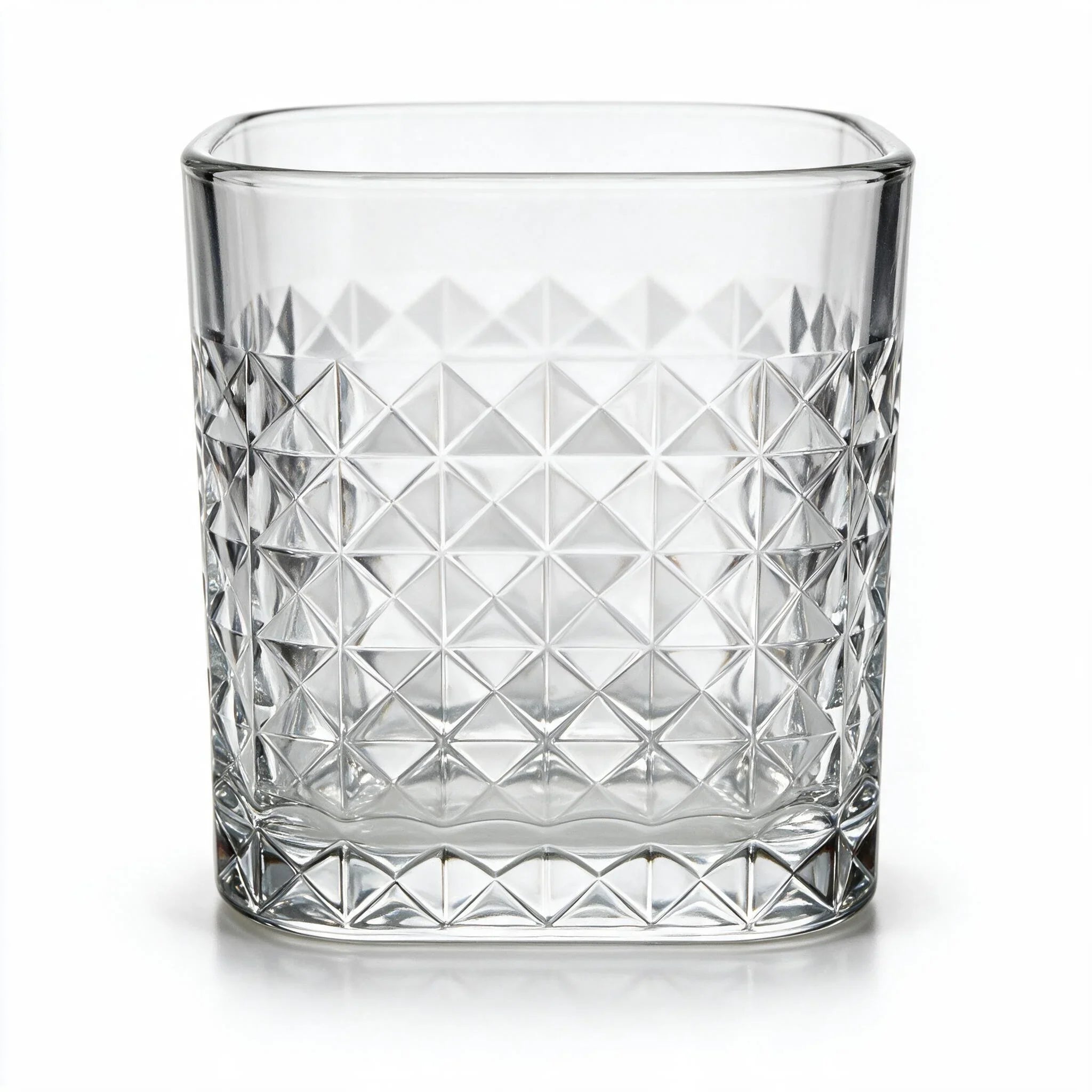 Astor clear whisky glass with diamond cut facets and a square base