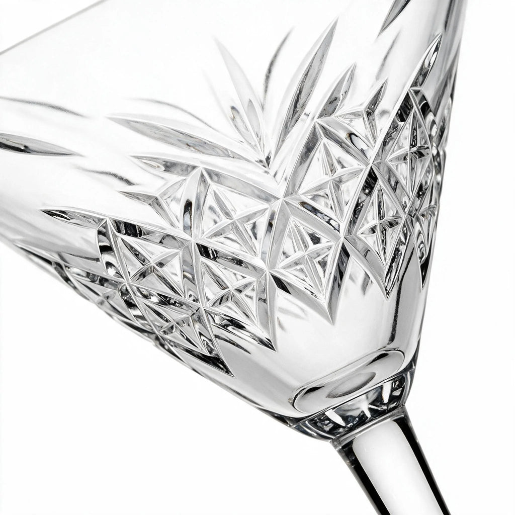 Caspian classic martini glass featuring an intricate geometric cut pattern and long stem 2