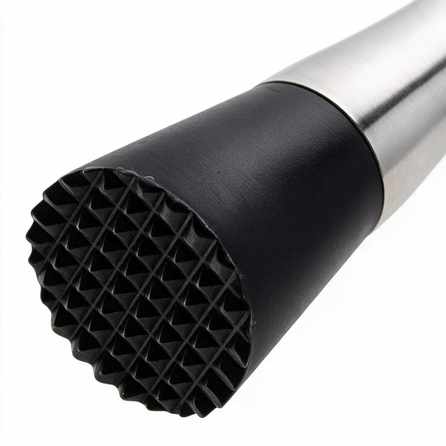 Remi stainless steel cocktail muddler with a black textured head