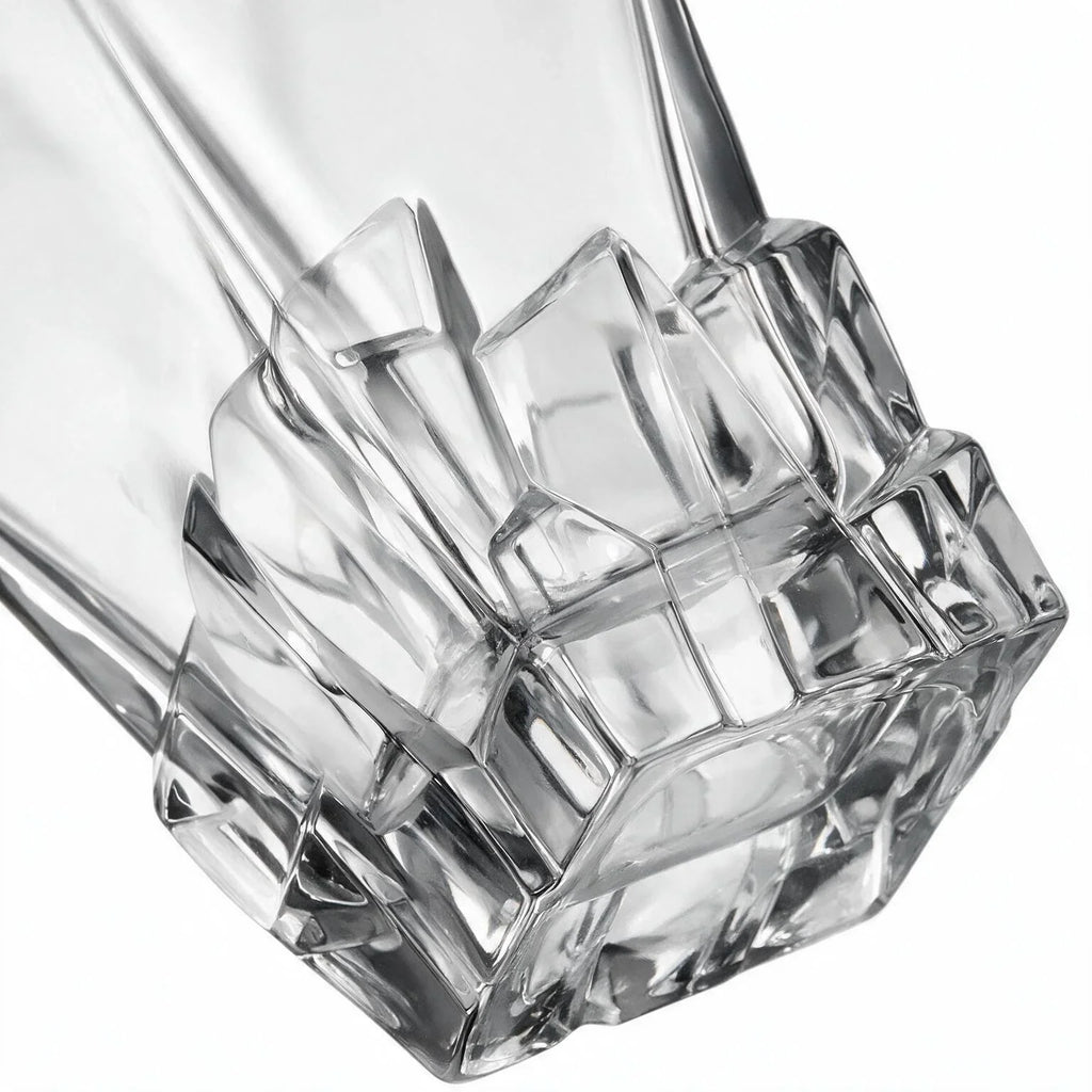 Vanguard clear glass whisky decanter with a bold geometric base and matching stopper