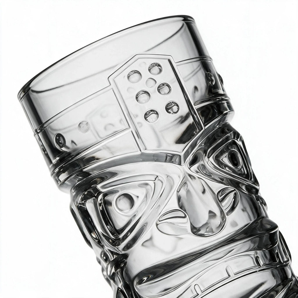 Kahuna clear tiki glass featuring a deeply sculpted tropical face design 5