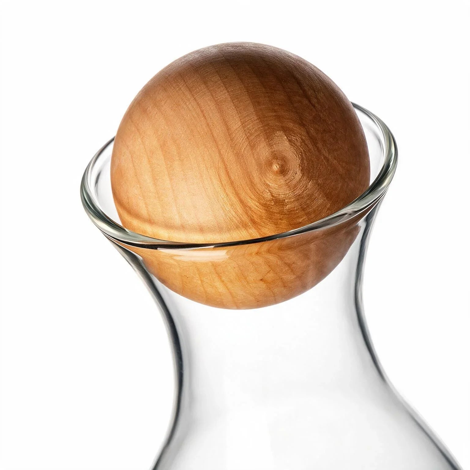 Orla clear glass decanter with a spherical wooden stopper
